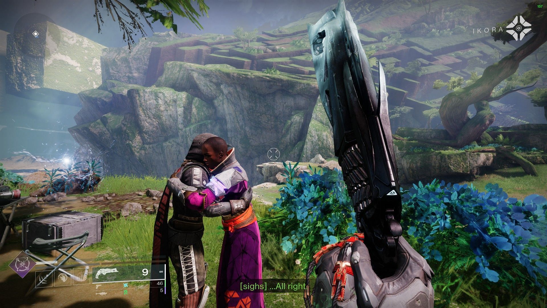 Cayde-6 and Ikora sharing a hug after reuniting (Image via Bungie)