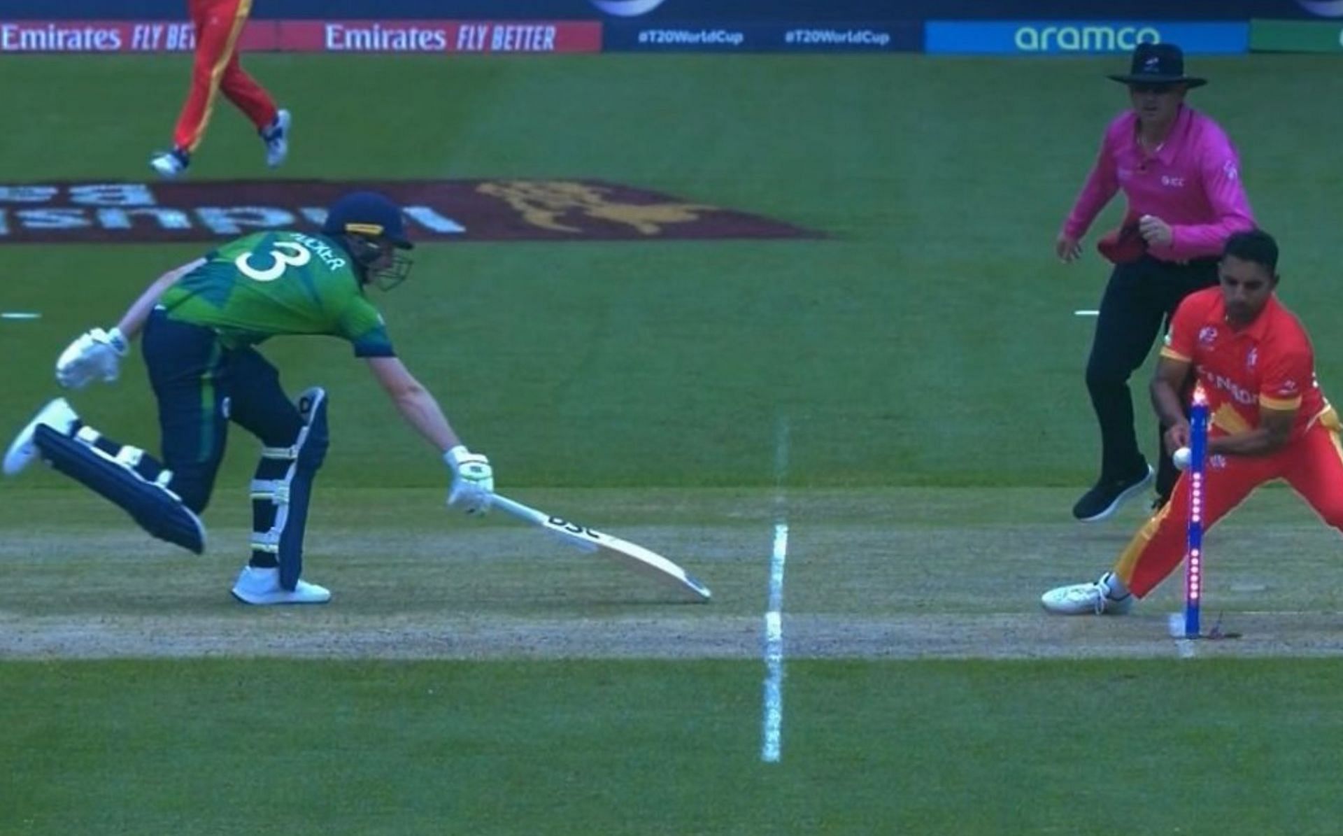 Lorcan Tucker got run-out in IRE vs CAN WC clash. (Image: ICC)