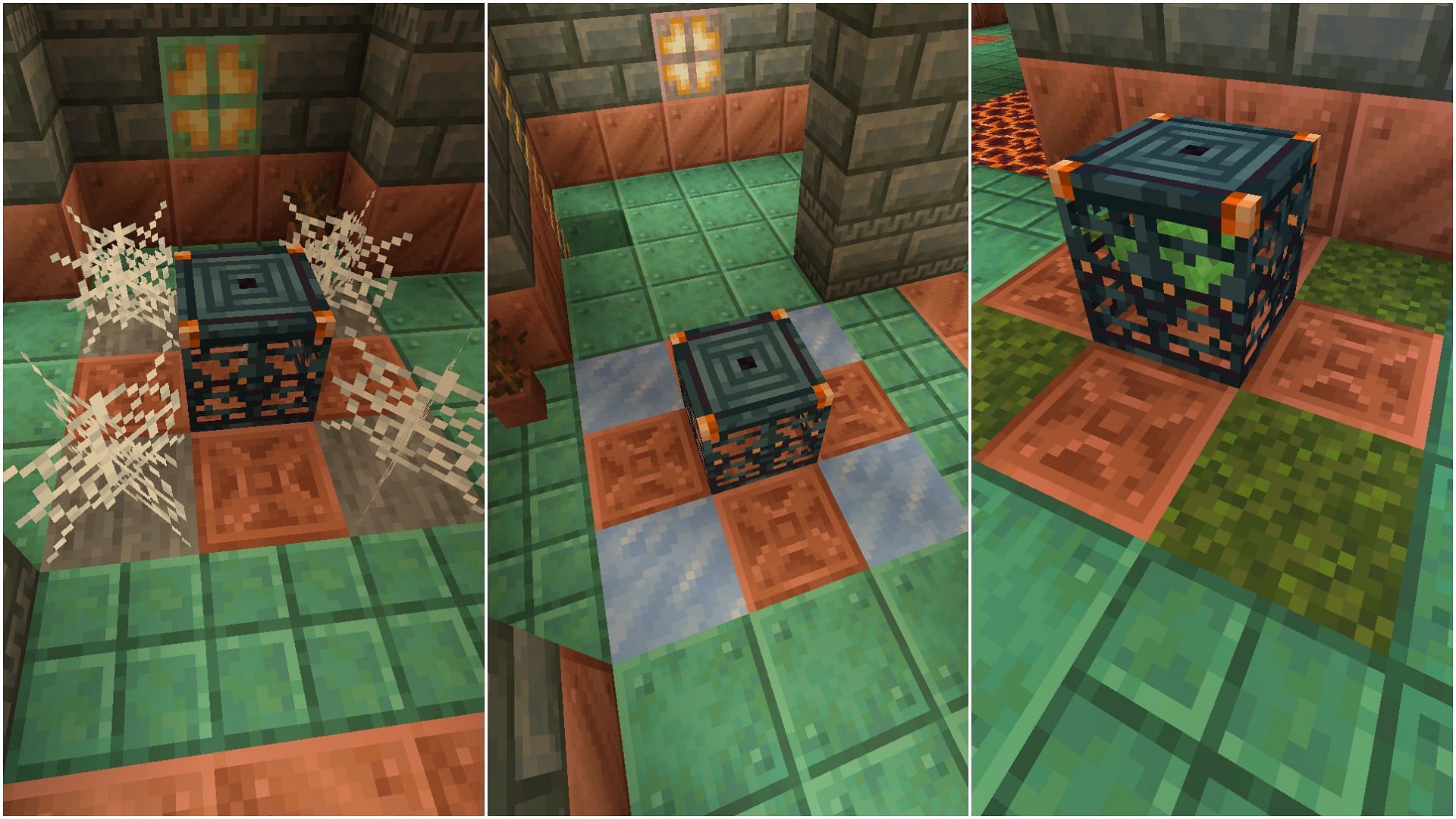 Different trial spawners with different kinds of blocks. (Images via Mojang Studios)