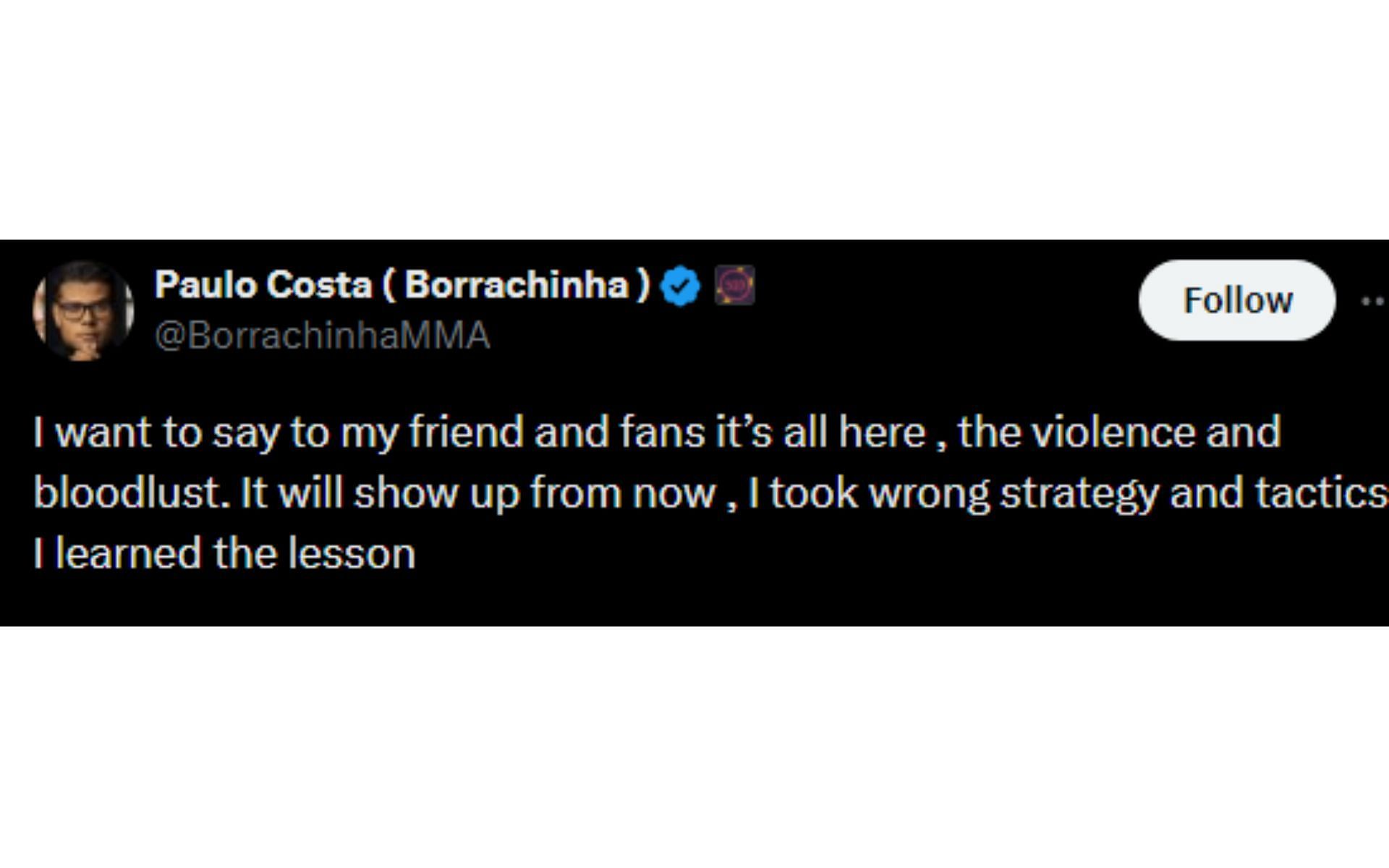 Costa's tweets regarding loss against Strickland at UFC 302 [Image courtesy: @BorrachinhaMMA - X]