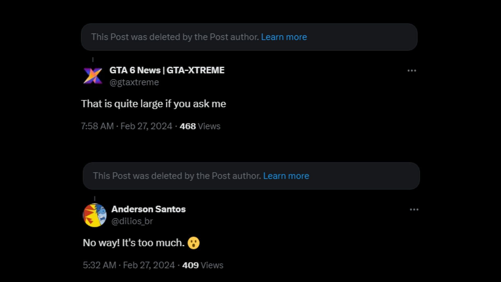 Some comments from @GTAVIbestleaks&#039; now-deleted tweet (Images via X)