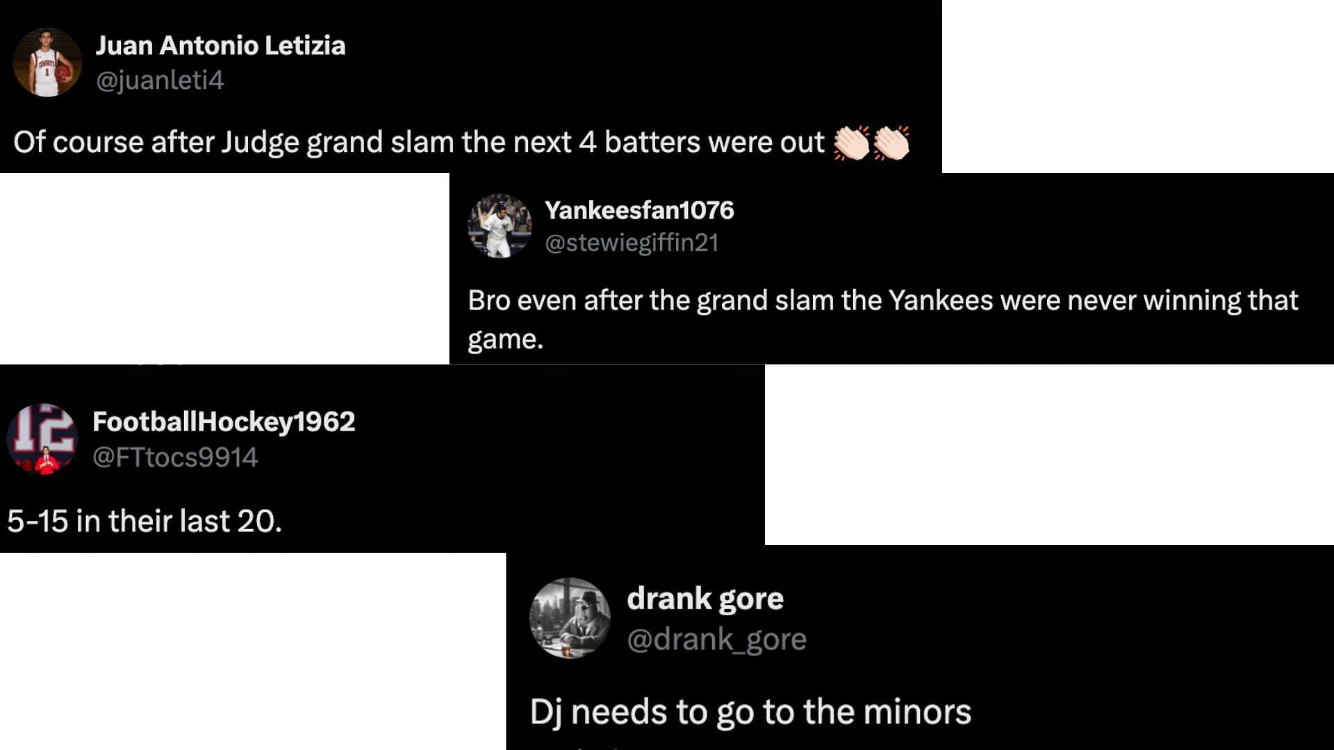 &quot;Of course after Judge grand slam the next four batters were out.&quot; - Added another fan.