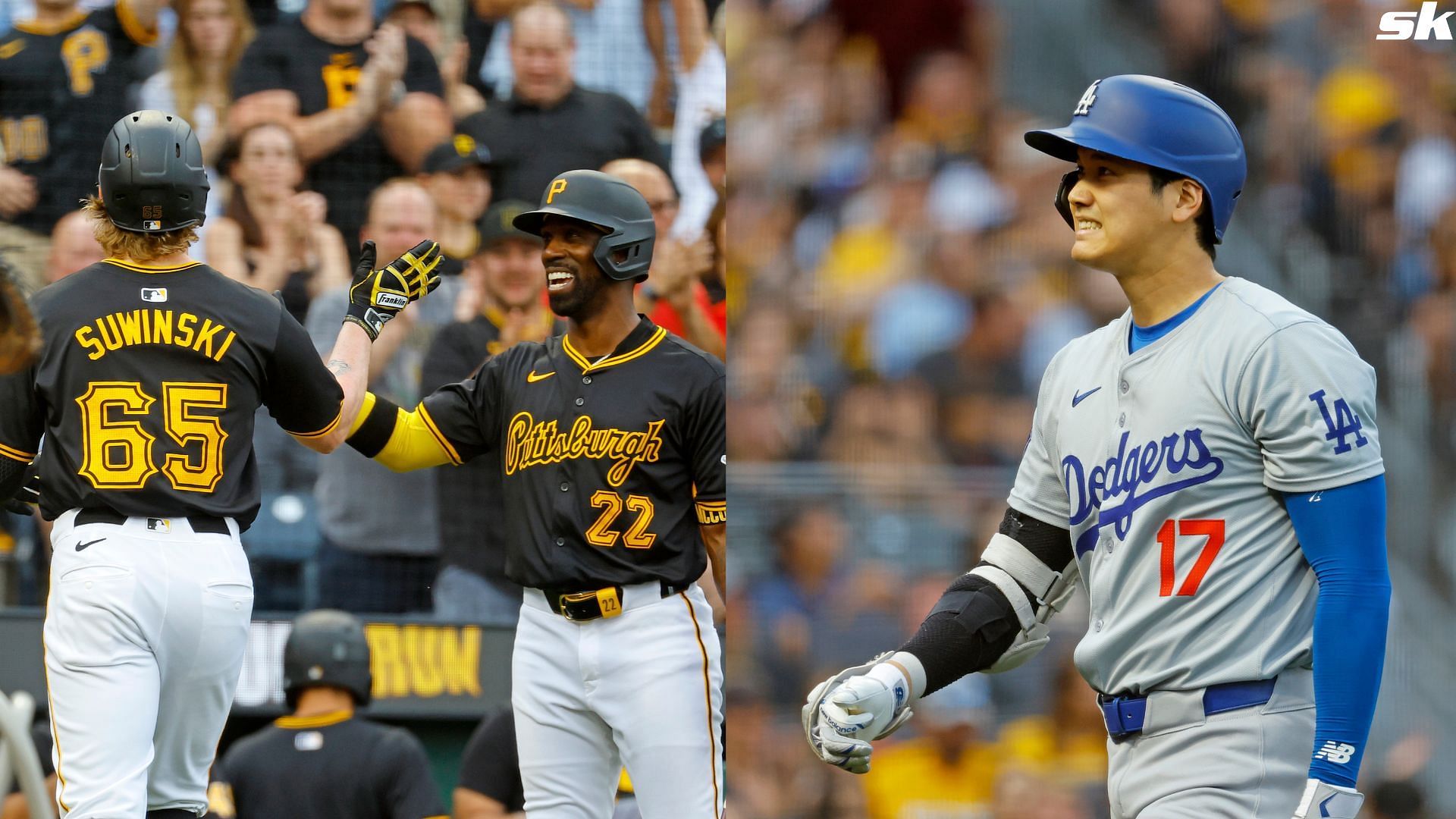 Jack Suwinski of the Pittsburgh Pirates celebrates his solo home run in the third inning against the Los Angeles Dodgers at PNC Park