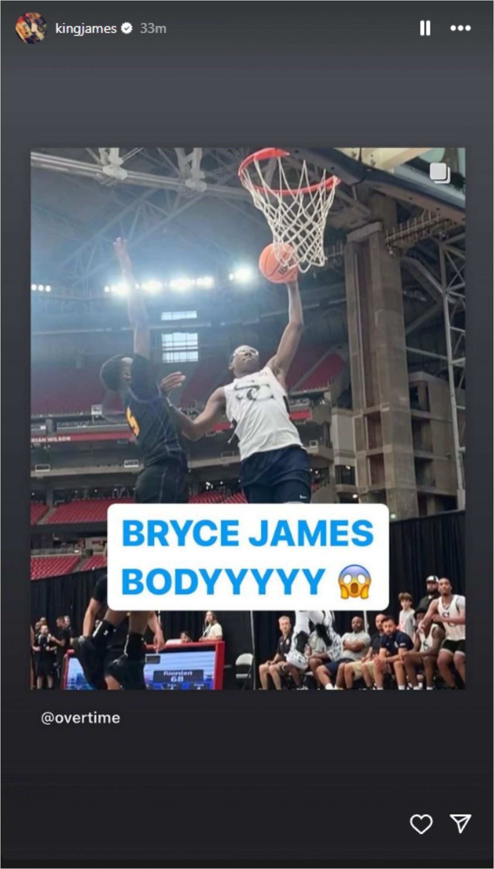LeBron James shared Overtime&#039;s post about Bryce James&#039; dunk (Credit: IG/kingjames)