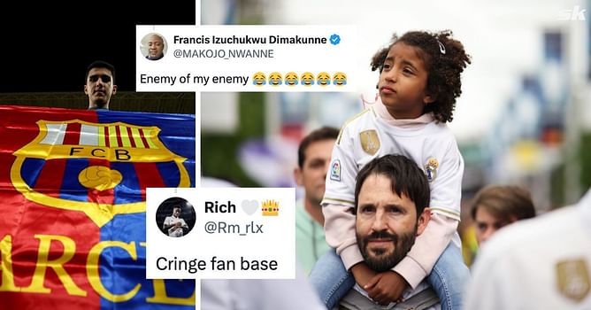 “Enemy of my enemy”, “Cringe fanbase” - Fans mock Barcelona supporter spotted in hilarious attire outside Wembley for Real Madrid v Dortmund final