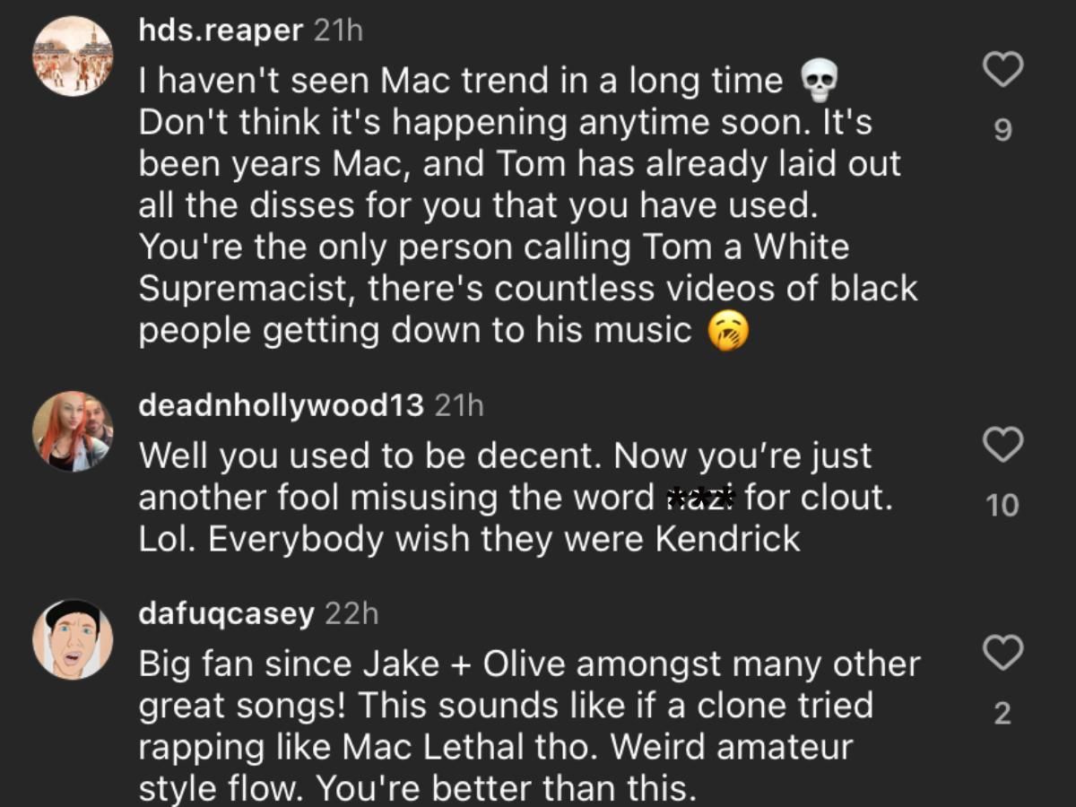 Fan reaction to Mac&#039;s diss track on Tom MacDonald (Image via Instagram/ @maclethal)