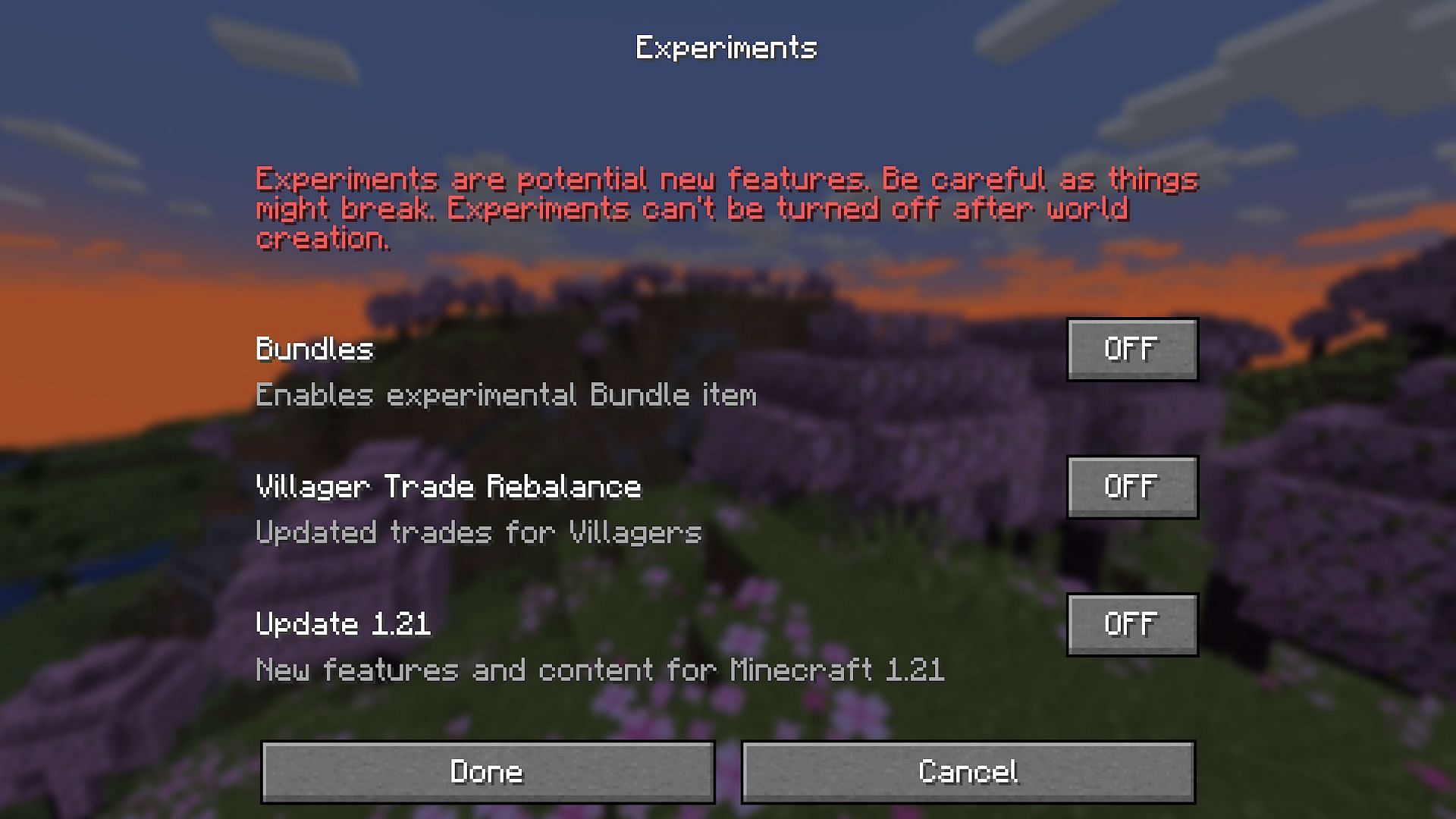 The list of experimental Java options (Image via Mojang)