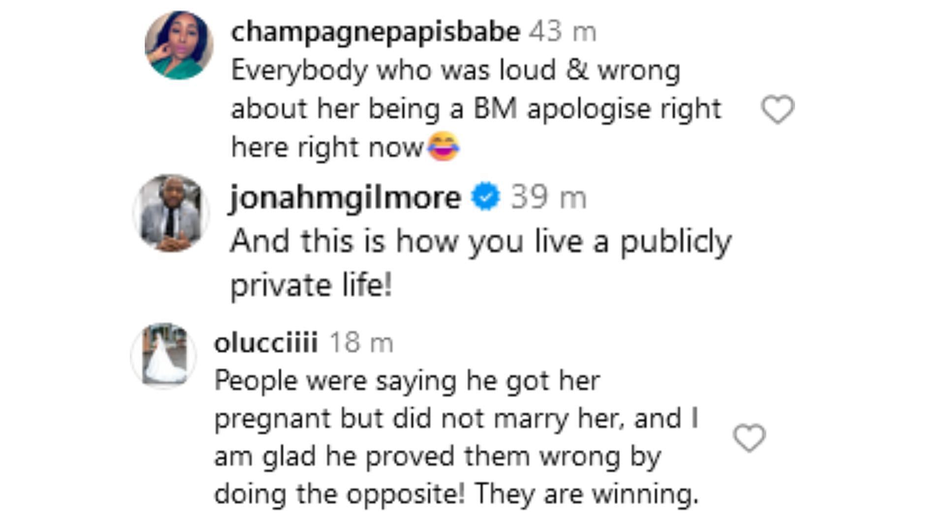 Fans reacted after knowing that the long-time lovers married in secret (Image via Instagram / @champagnepapisbabe / @jonahmgilmore / @olucciiii)