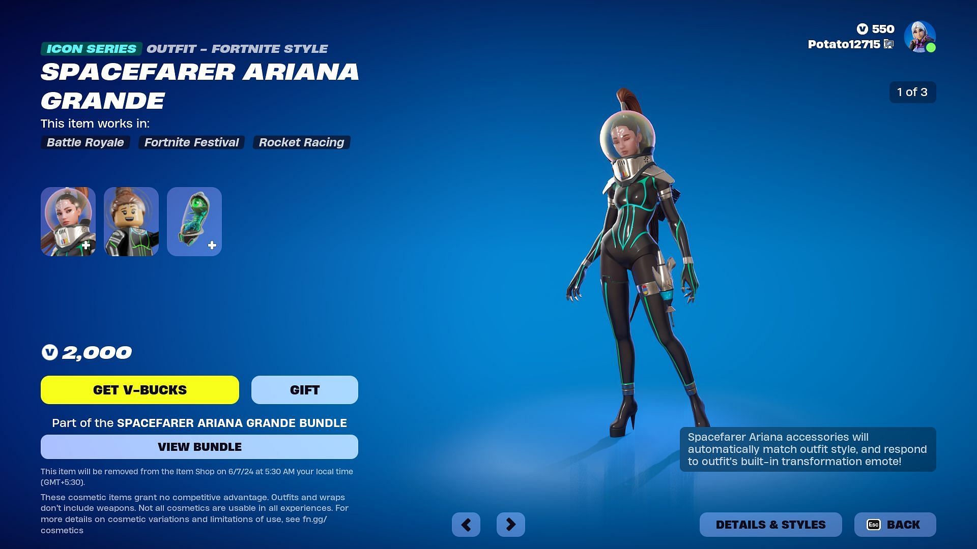 Spacefarer Ariana Grande skin in Fortnite can be purchased separately. (Image via Epic Games)