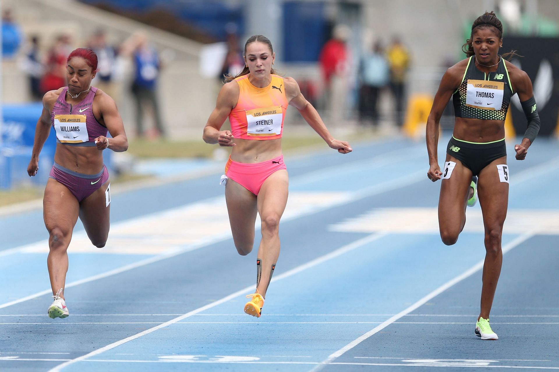 Briana Williams of Jamaica, Abby Steiner and Gabby Thomas of the United States compete in the women&#039;s 100 meter dash section B during the 2024 USATF Los Angeles Grand Prix at UCLA&#039;s Drake Stadium on May 18, 2024 in Los Angeles, California. (Photo by Katharine Lotze/Getty Images)