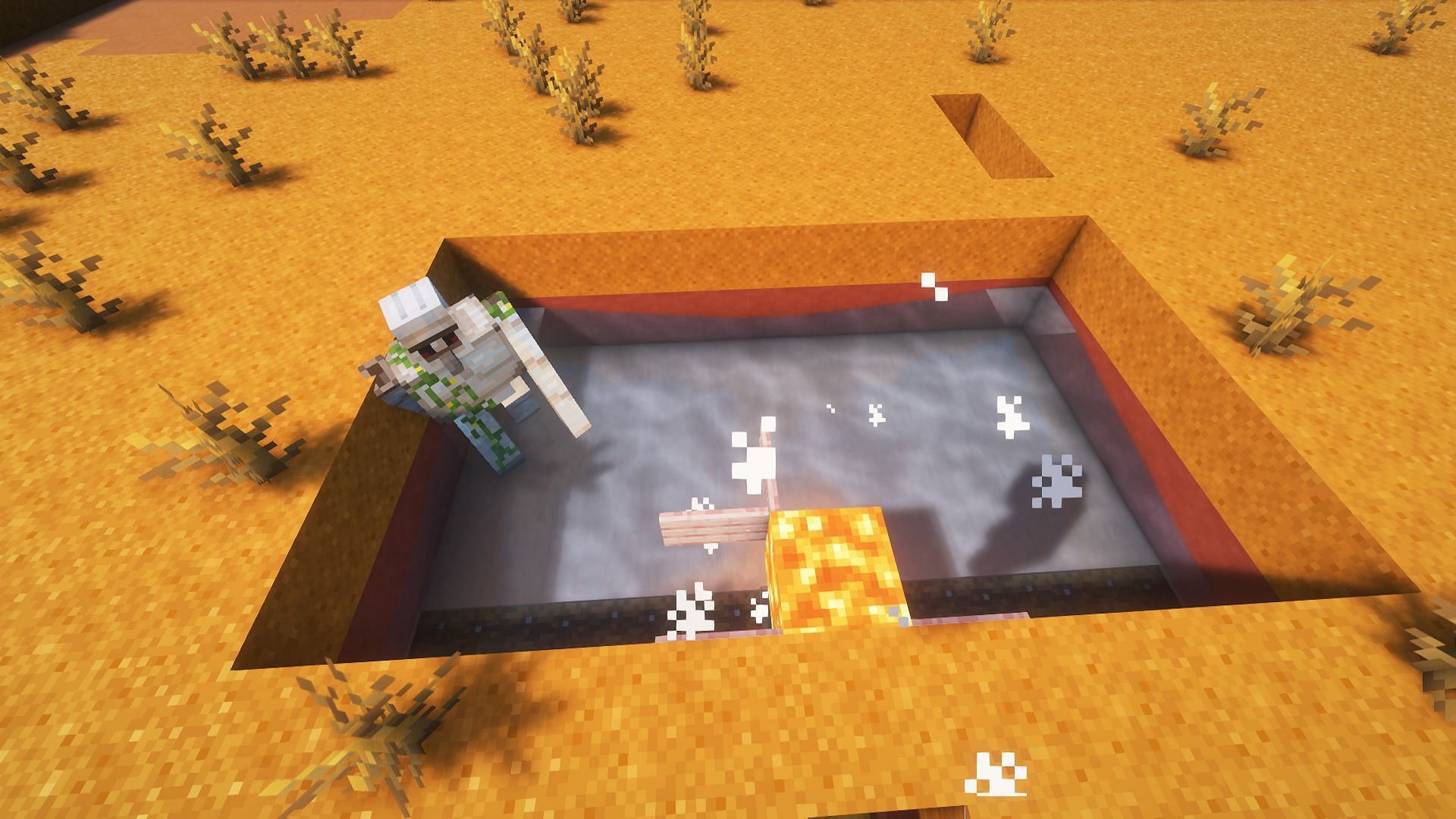 The finished Minecraft iron farm producing an iron golem (Image via Mojang)