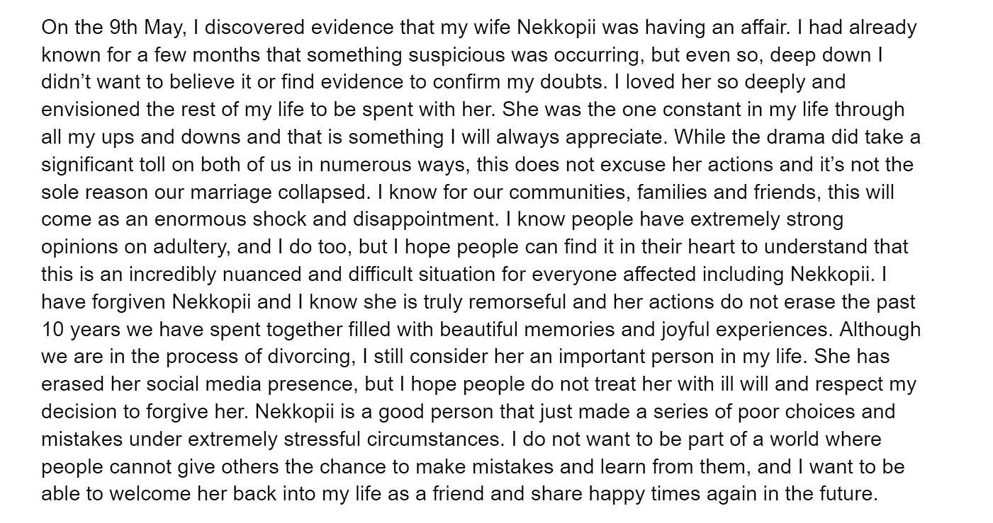 An excerpt from Twitch streamer Atsu&#039;s document, in which he spoke about his wife&#039;s affair (Image via docs.google.com)