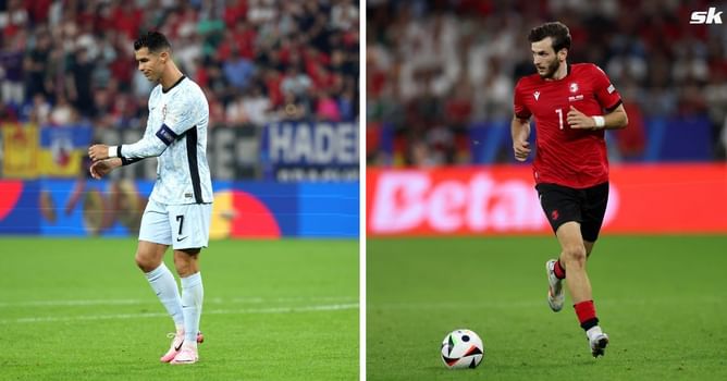 "Paused his celebrations to go meet his Idol" - Fans react as video of interaction between Kvaratskhelia and Ronaldo after Euro 2024 clash surfaces