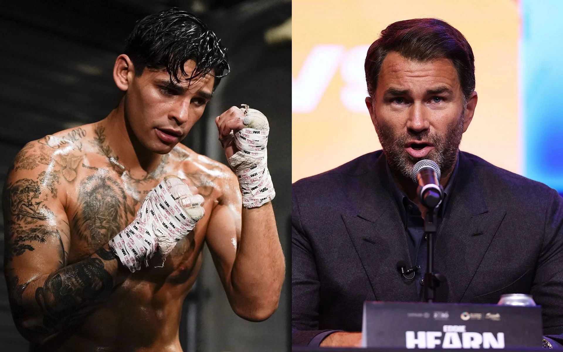 Eddie Hearn (right) is worried for Ryan Garcia (left) ahead of one-year ban [Images courtesy: Getty Images]