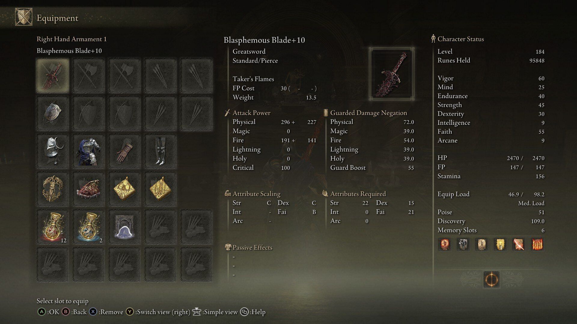 Build I used for the Golden Hippopotamus boss fight (Image via FromSoftware)