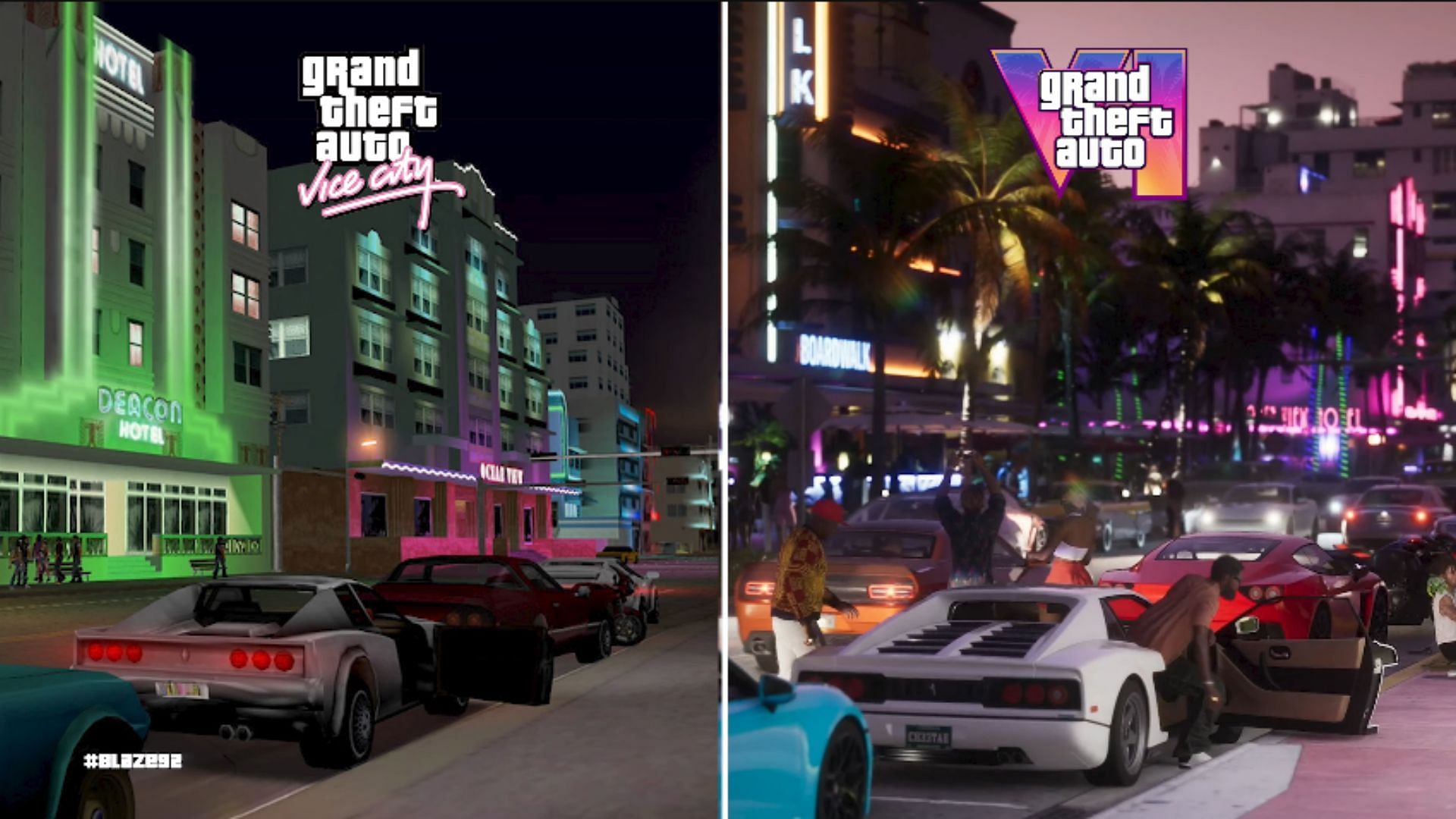 Comparison between Ocean Drive in OG Vice City and GTA 6 (Image via YouTube/BlaZe 92)