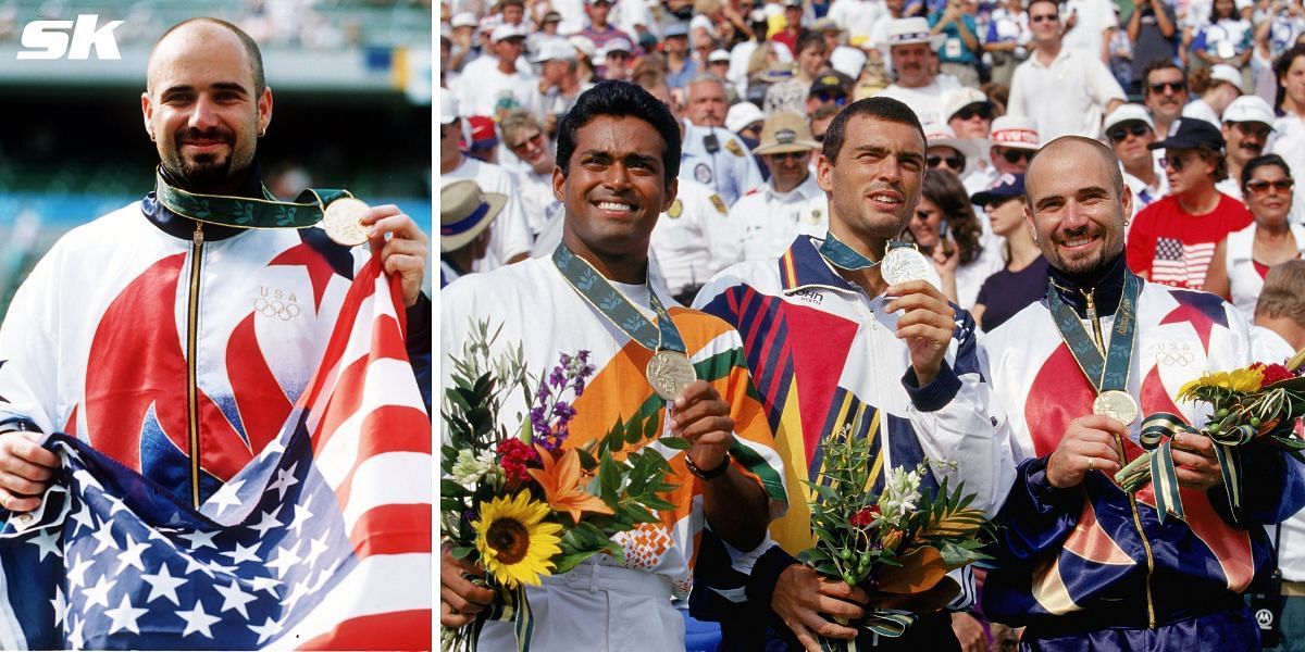 Andre Agassi with Olympics gold medal (L), Leander Paes, Sergi Bruguera, Andre Agassi (Source: GETTY)