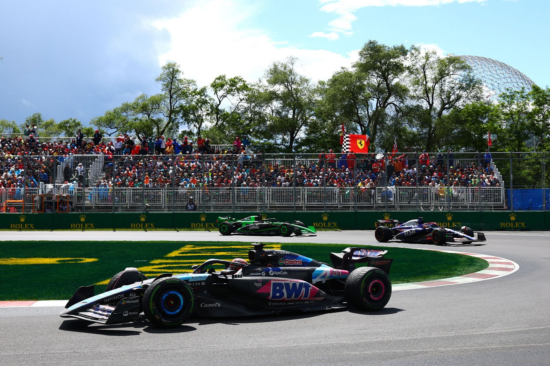 F1 Grand Prix of Canada MONTREAL, QUEBEC - JUNE 09: Esteban Ocon of France driving the (31) Alpine F1 A524 Renault leads Daniel Ricciardo of Australia driving the (3) Visa Cash App RB VCARB 01 on track during the F1 Grand Prix of Canada at Circuit Gilles Villeneuve on June 09, 2024 in Montreal, Quebec. (Photo by Clive Rose/Getty Images)