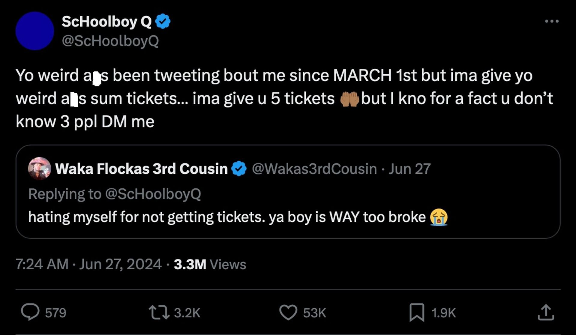 Schoolboy Q and his fan in a hilarious interaction about tickets (Image via X/@SchoolboyQ)