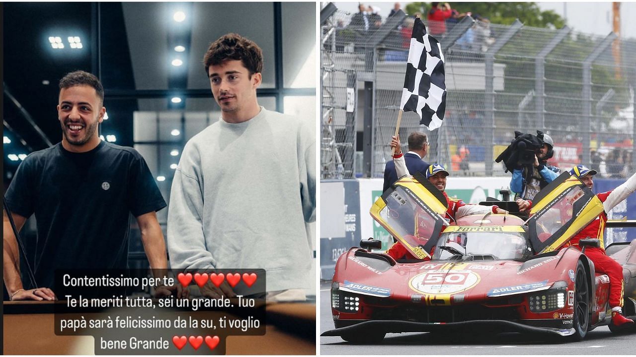 Charles Leclerc congratulates WEC driver Antonio Fuoco after 24 Hours of Le Mans victory