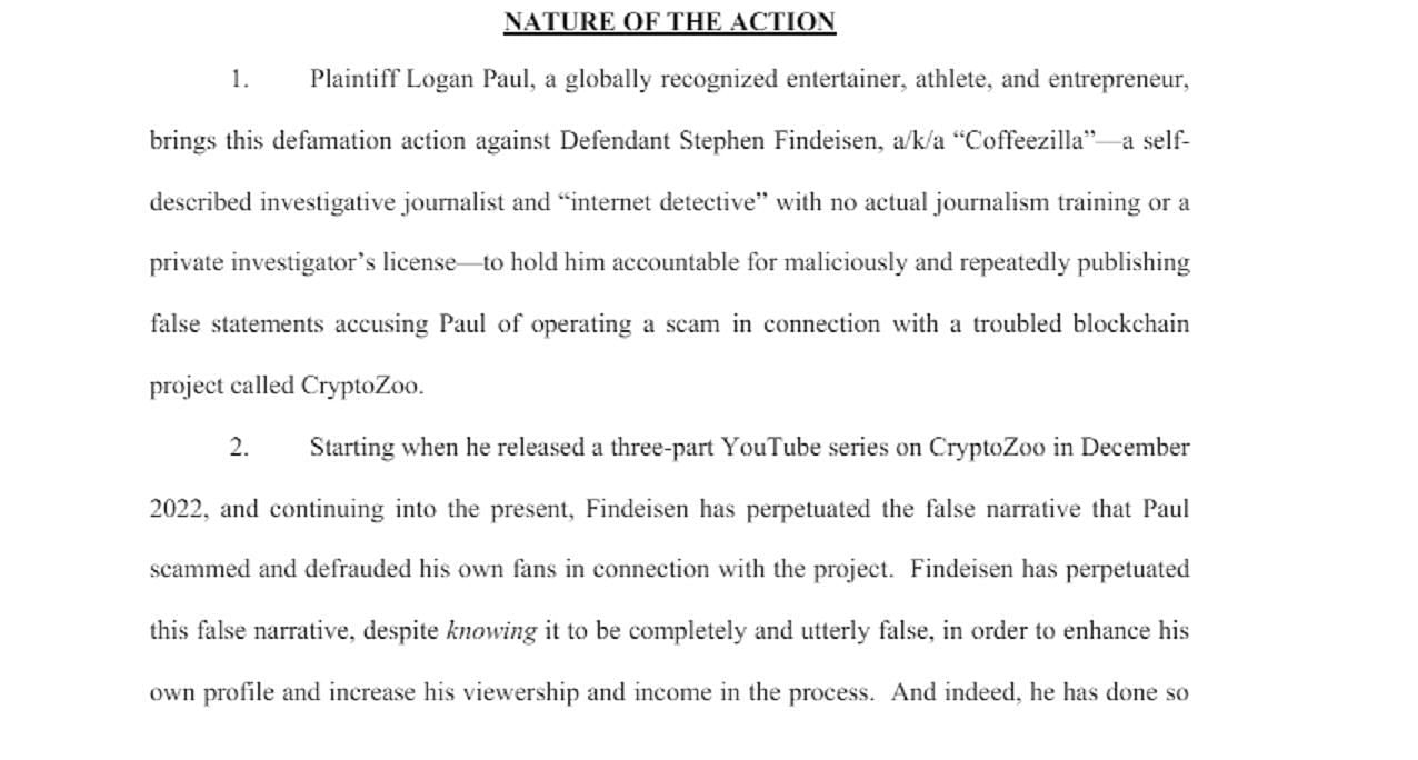 Lawsuit sent by Logan against Coffeezilla (Image via US Courts Document)