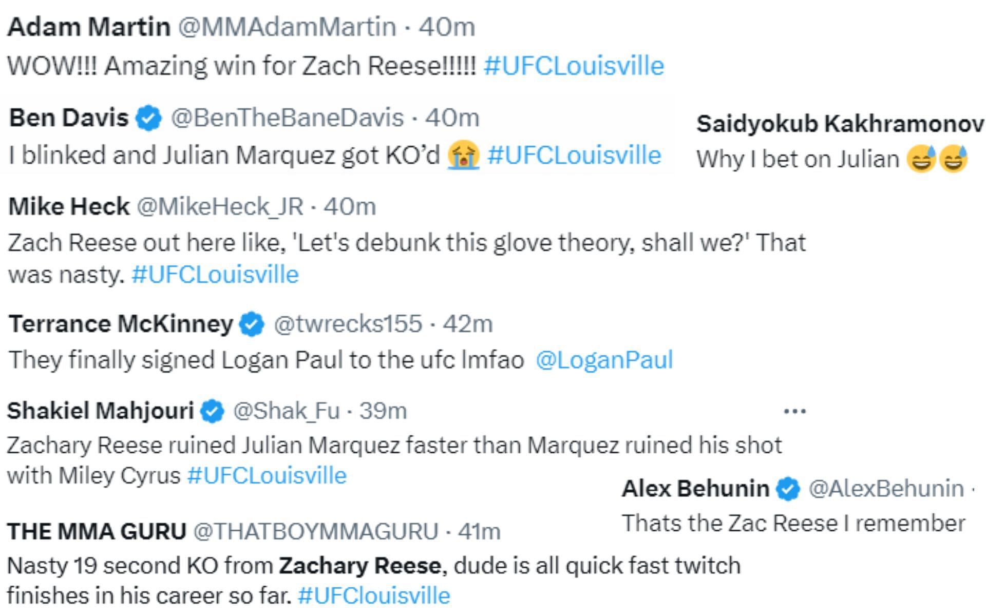 Screenshot of MMA pros&#039; reaction to Zachary Reese&#039;s knockout win