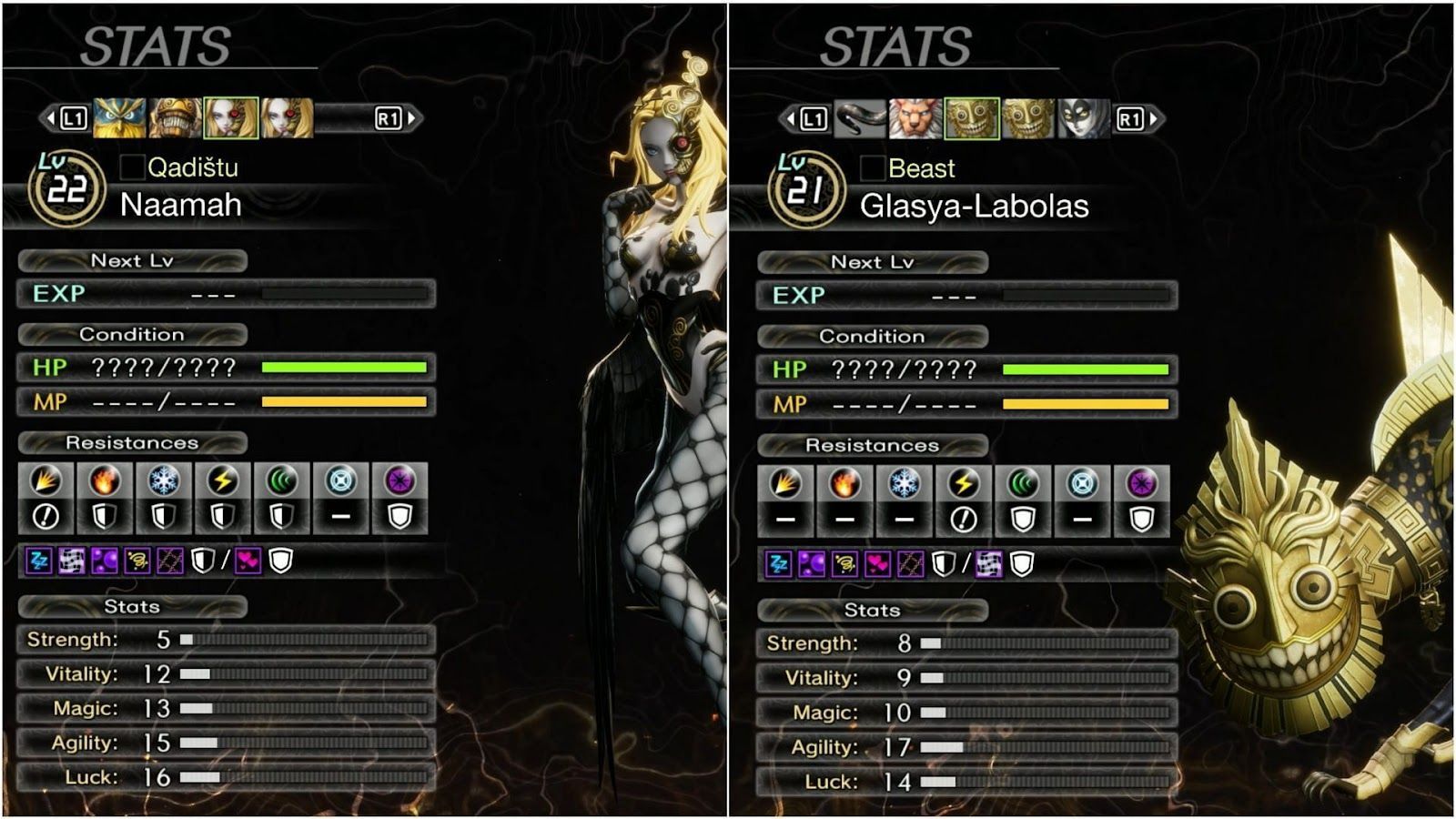 The stats and weaknesses for both Naamah and Glasya-Labolas (Image via Atlus)