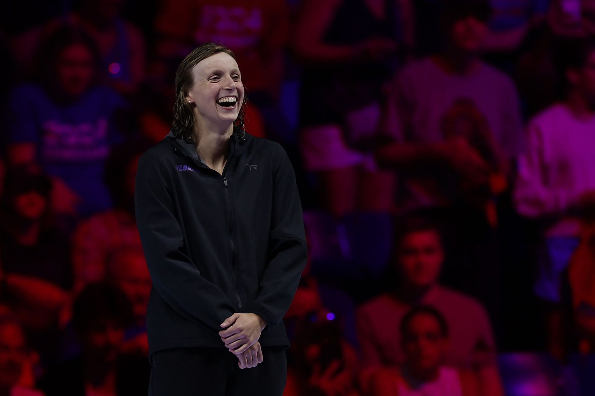 Katie Ledecky of the United States reacts in the Women&#039;s 400m freestyle medal ceremony on Day One of the 2024 U.S. Olympic Team Swimming Trials at Lucas Oil Stadium on June 15, 2024 in Indianapolis, Indiana. (Photo by Sarah Stier/Getty Images)