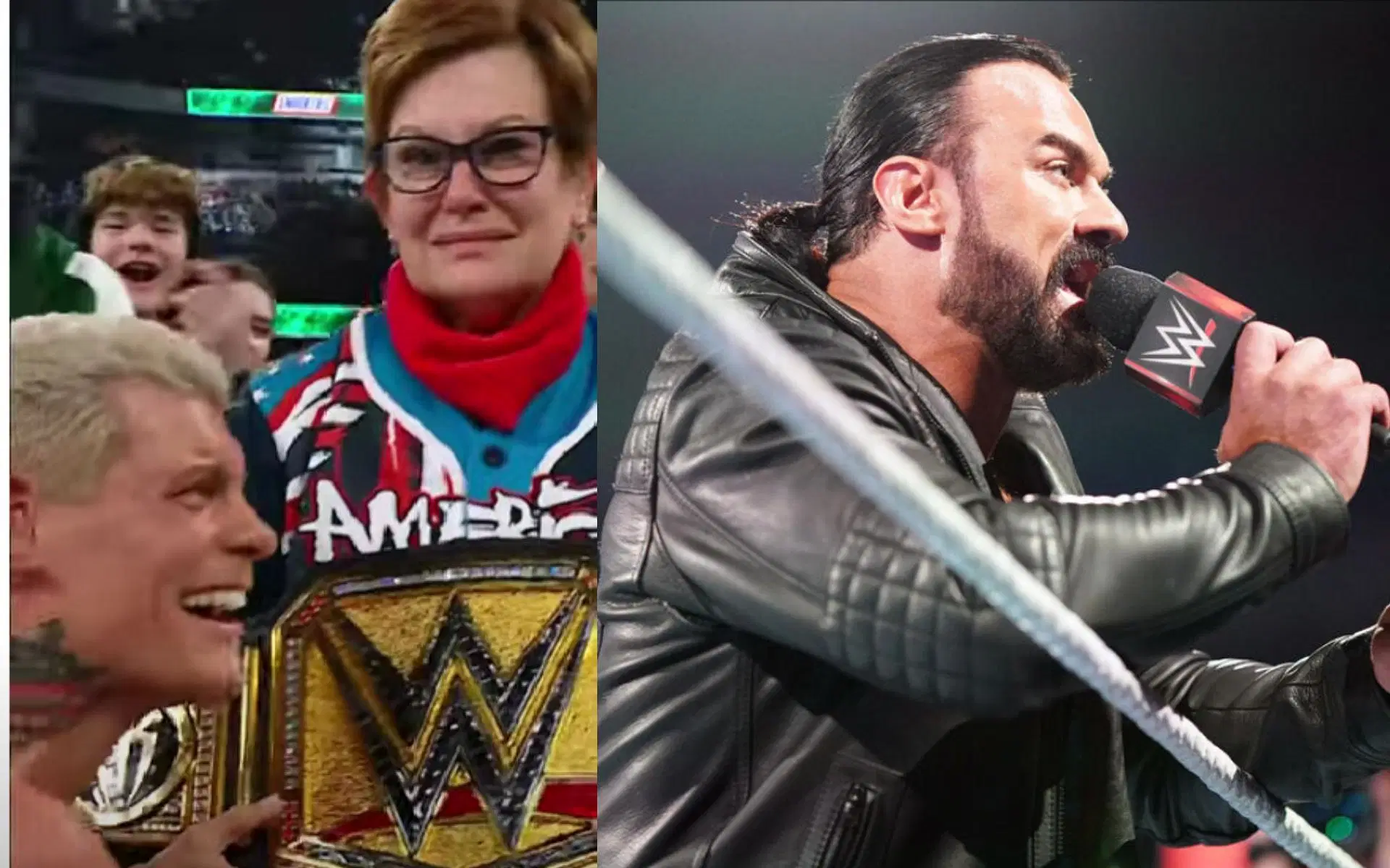 (L) Cody Rhodes with his mother at WrestleMania 40 (R) Drew McIntyre on RAW (Credit: WWE.com)