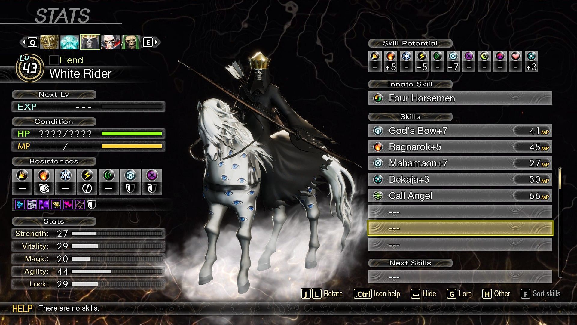 Stats of the White Rider in SMT 5 Vengeance (Image via Atlus)