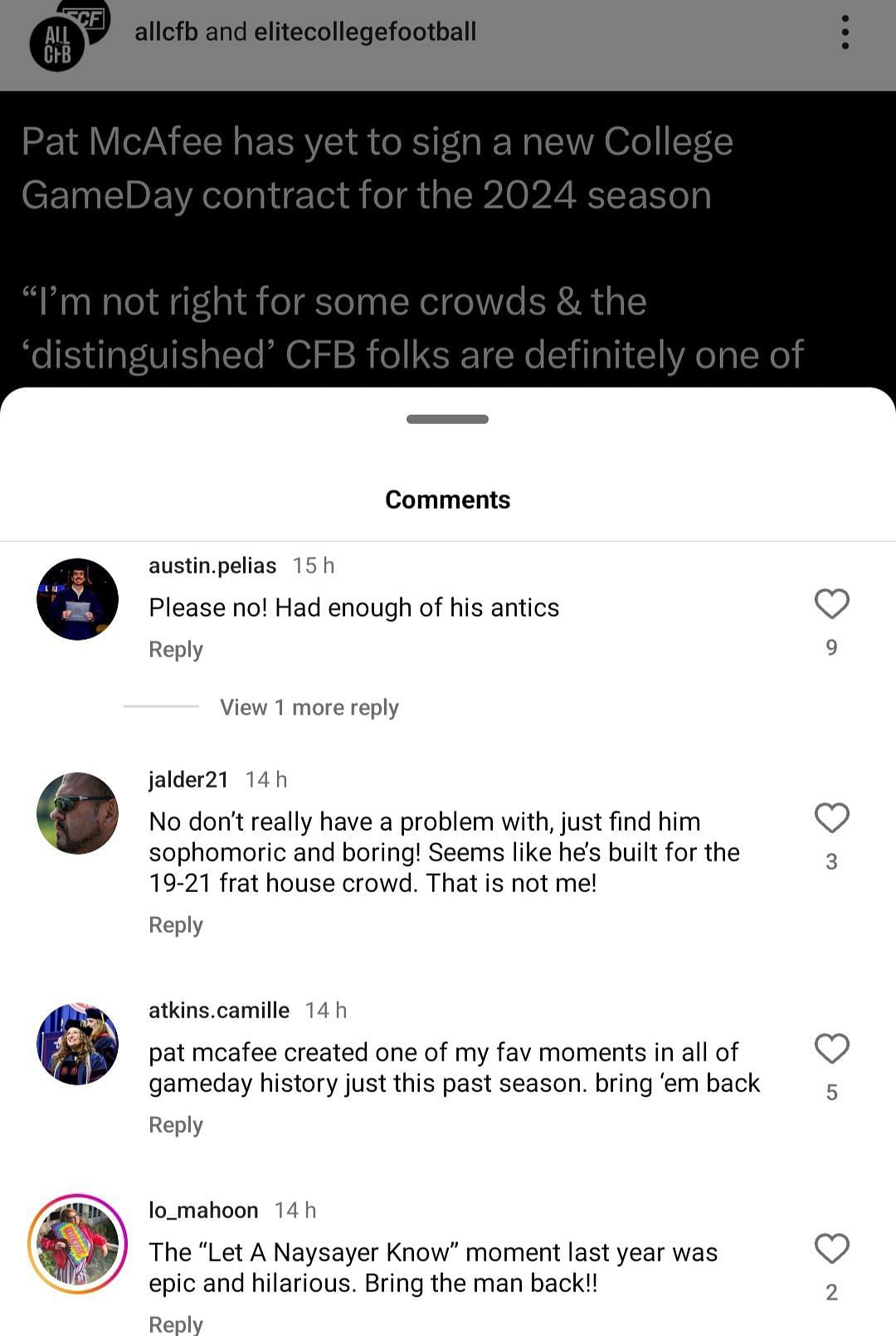 Elite College Football&#039;s IG comment section