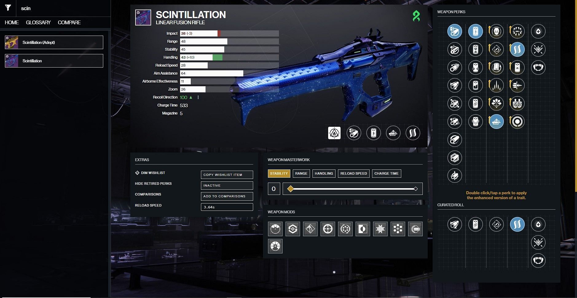 Scintillation PvP god roll in Destiny 2 (Image via D2Gunsmith)