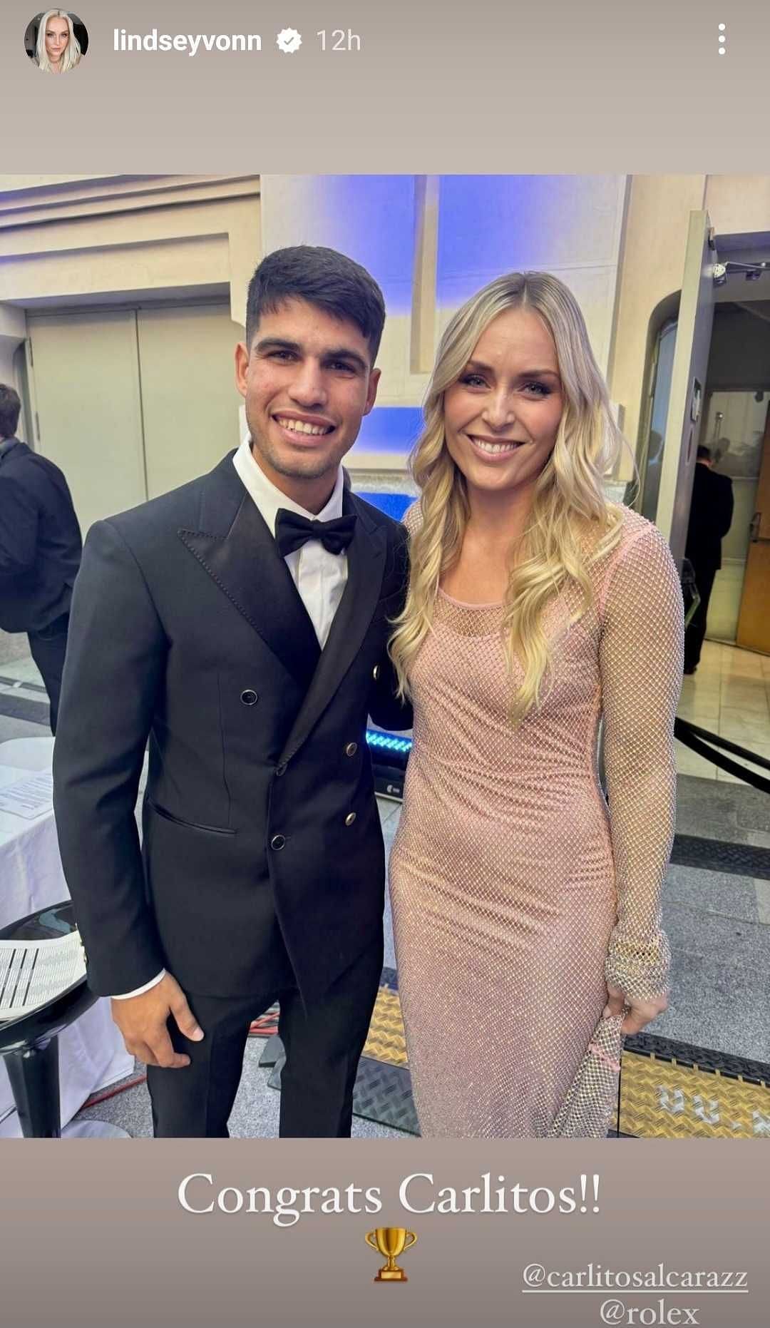 Lindsey Vonn congratulates Carlos Alcaraz after a remarkable five-set victory at the French Open 2024 | Instagram @lindseyvonn