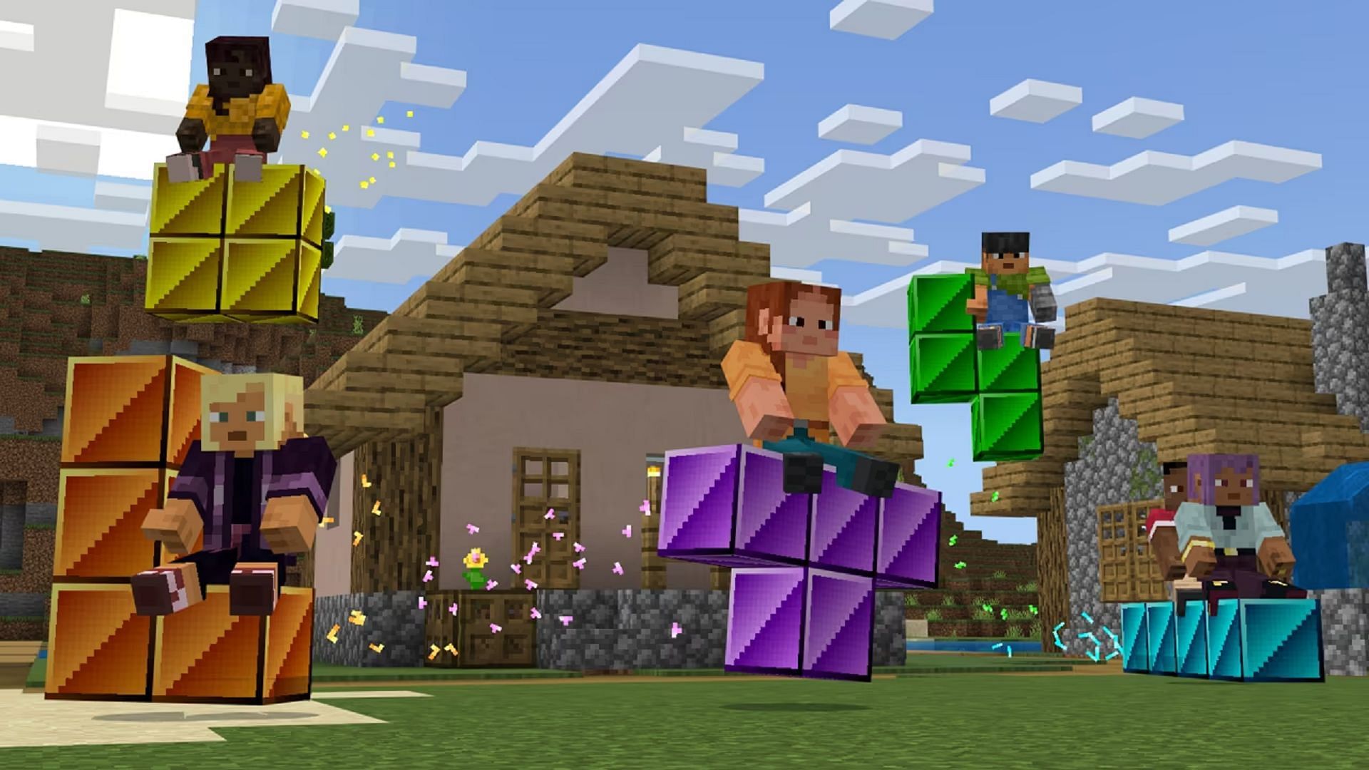 Players riding Tetris pieces in the Minecraft x Tetris addon (Image via Mojang/Tetris Holding)