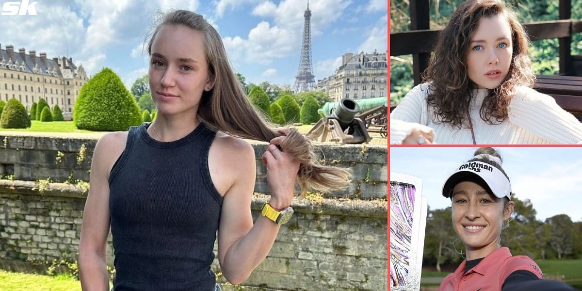 Elena Rybakina(L) receives compliments from sister Ann and Nelly Korda(R)