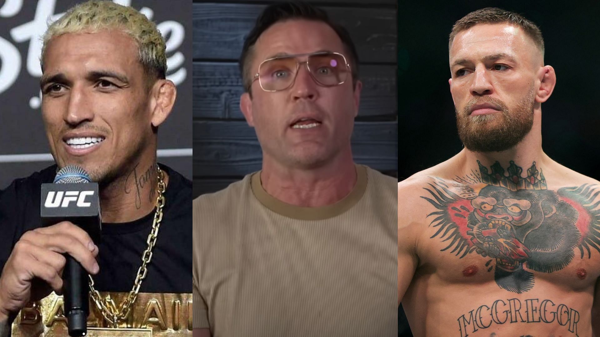 Charles Oliveira (left), Chael Sonnen (center), Conor McGregor (right) [Images courtesy of: @charlesdobronxs on Instagram, Chael Sonnen on YouTube &amp; Getty Images]