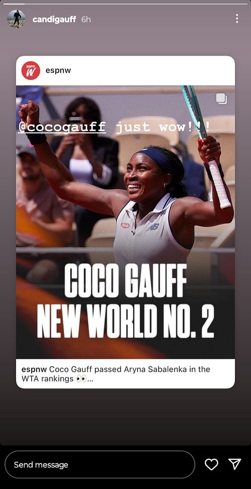 Coco Gauff's mother Candi's Instagram Story. (Source: Instagram @candigauff)