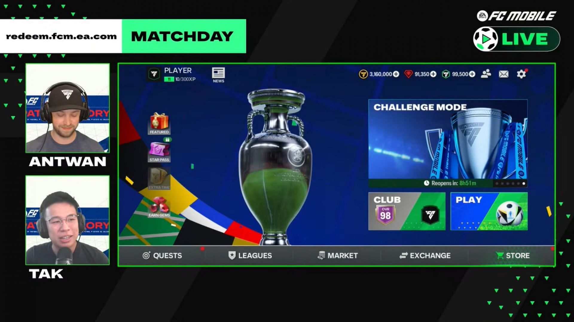 Antwan and Tak revealing the new FC Mobile Redeem Code: MATCHDAY in the latest FC Mobile YouTube Live stream (Image via YouTube/@EASFCMOBILE)