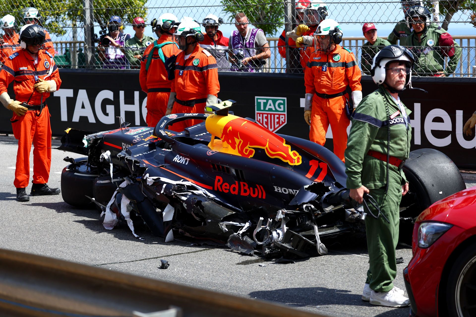 Perez&#039;s RB20 after the opening-lap crash in Monaco, 2024 (Photo by Clive Rose/Getty Images)