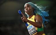 Shelly-Ann Fraser-Pryce of Team Jamaica competes in the Women's 4x100m Heats during the World Athletics Championships 2023 at the National Athletics Centre in Budapest, Hungary.