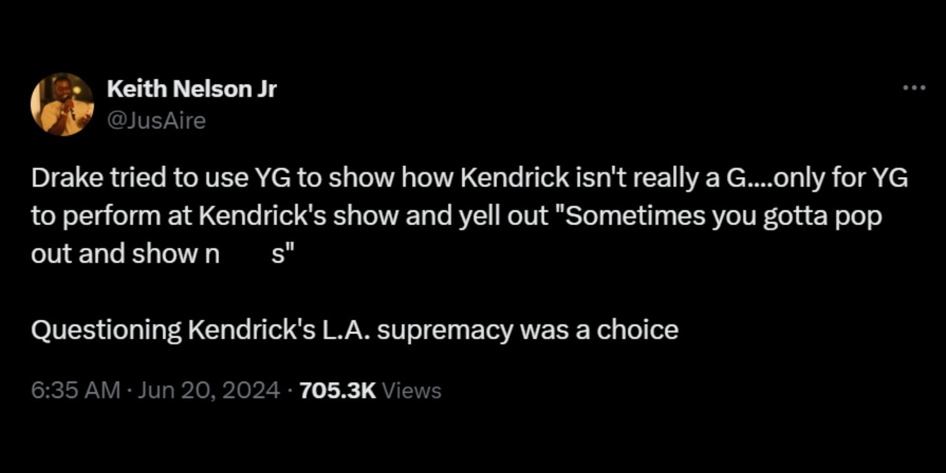 Fans react to YG performing at Kendrick&#039;s pop-out show. (Image via X/@JusAire)
