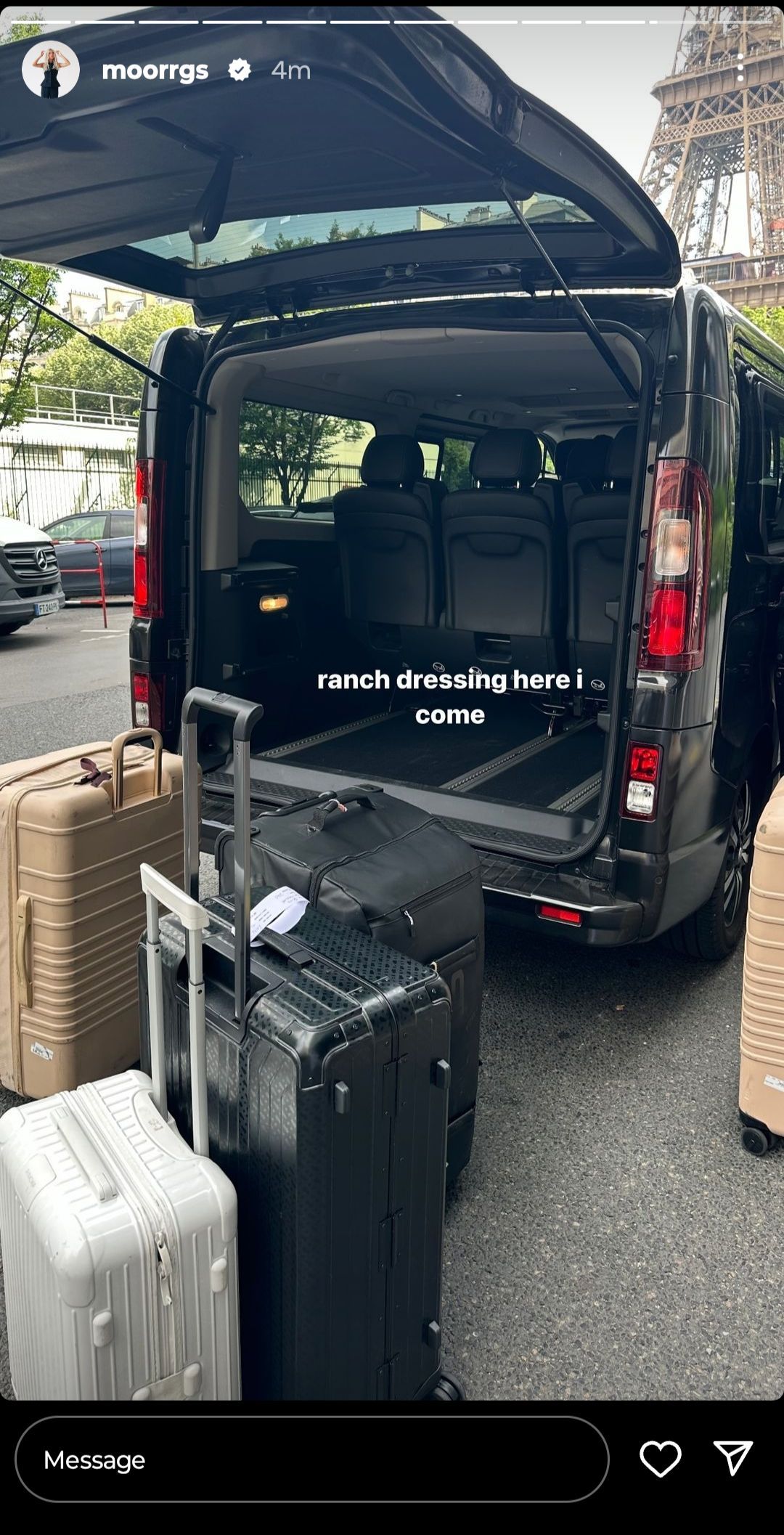 Riddle&#039;s post showing that her and Fritz&#039;s bags are all packed as they get ready to leave Paris (Source: Instagram/Morgan Riddle)