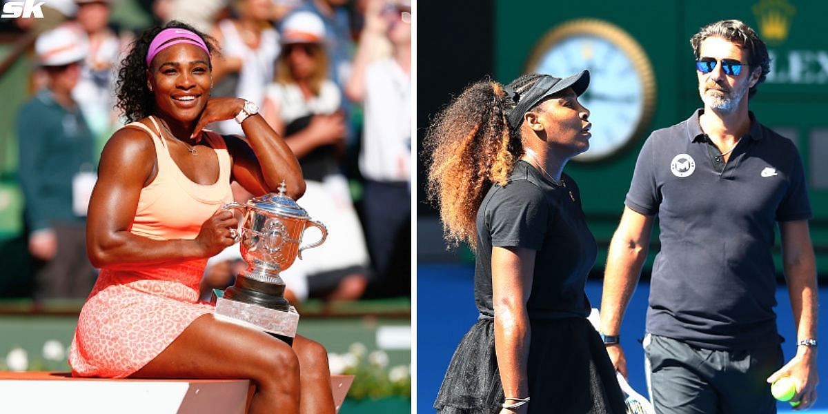 Serena Williams with her 2015 French Open trophy (L) and Williams with Patrick Mouratoglou (R) [Source: Getty Images]