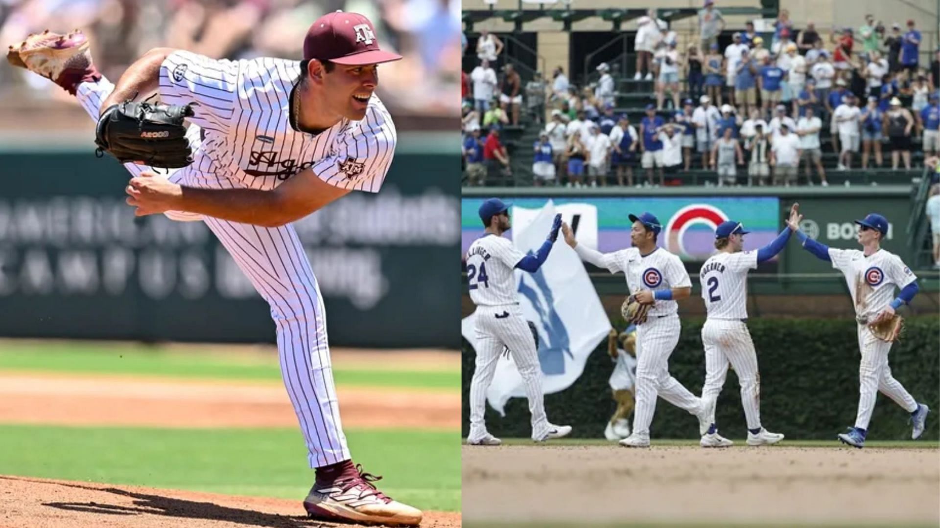 The Chicago Cubs (right) is one of the best possible landing spots of Texas A&amp;M pitcher Ryan Prager (left) in the MLB Draft (Image Source: IMAGN)