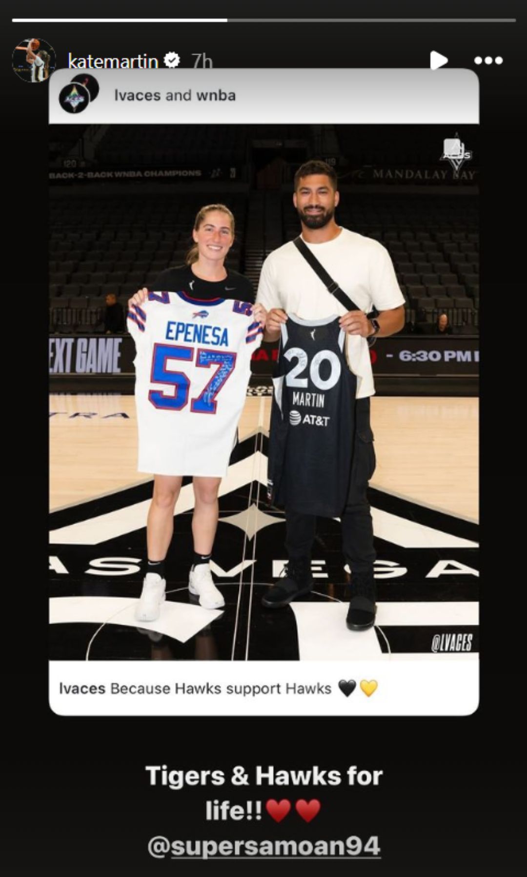 Martin exchanges jerseys with Epenesa (Image: Kate Martin Instagram story)