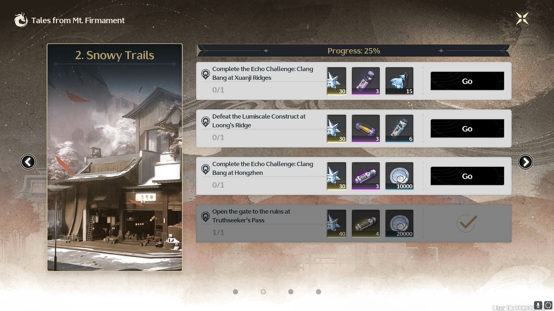 Snowy Trails tasks and rewards in Tales from Mt. Firmament (Image via Kuro Games)