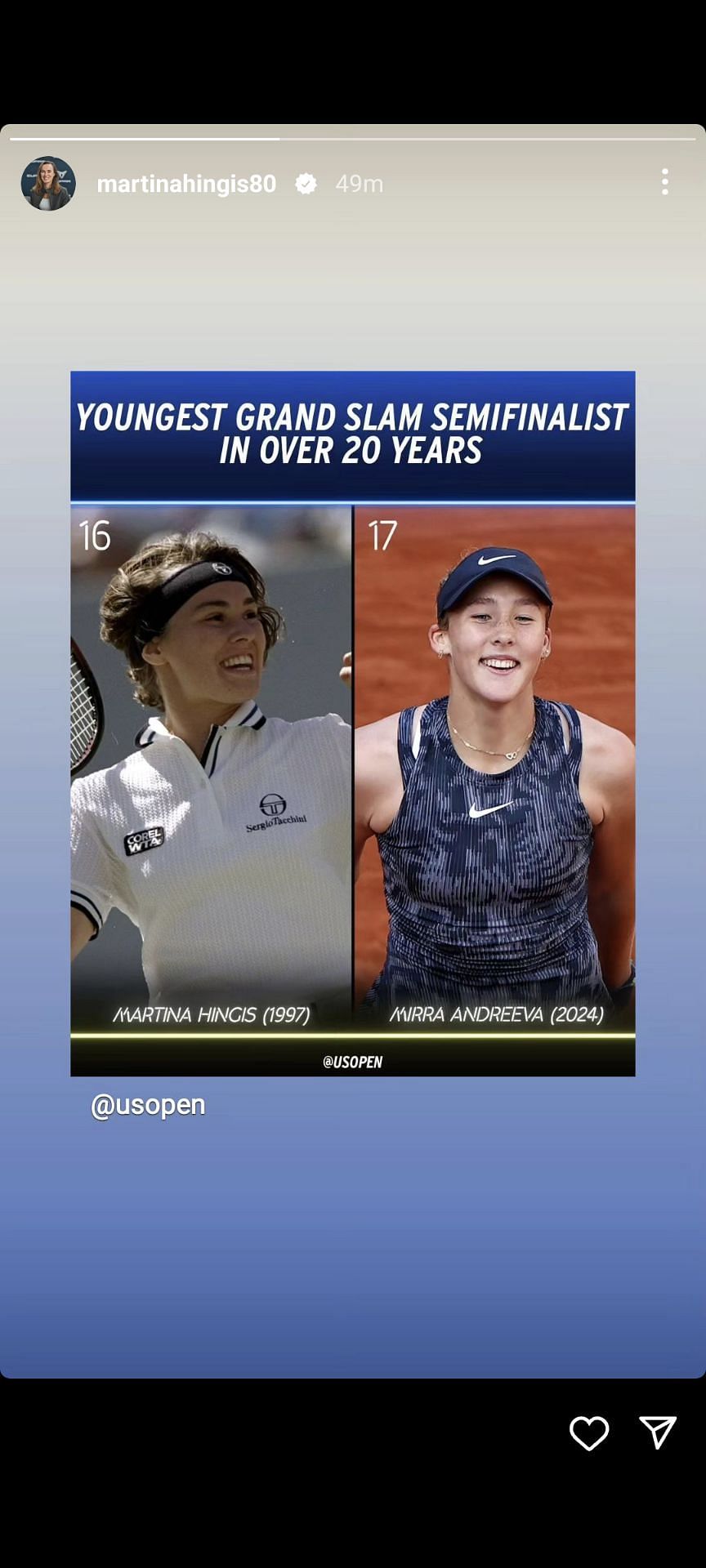 Martina Hingis&#039; Instagram Story acknowledging Mirra Andreeva&#039;s win over Aryna Sabalenka in the 2024 French Open quarterfinals