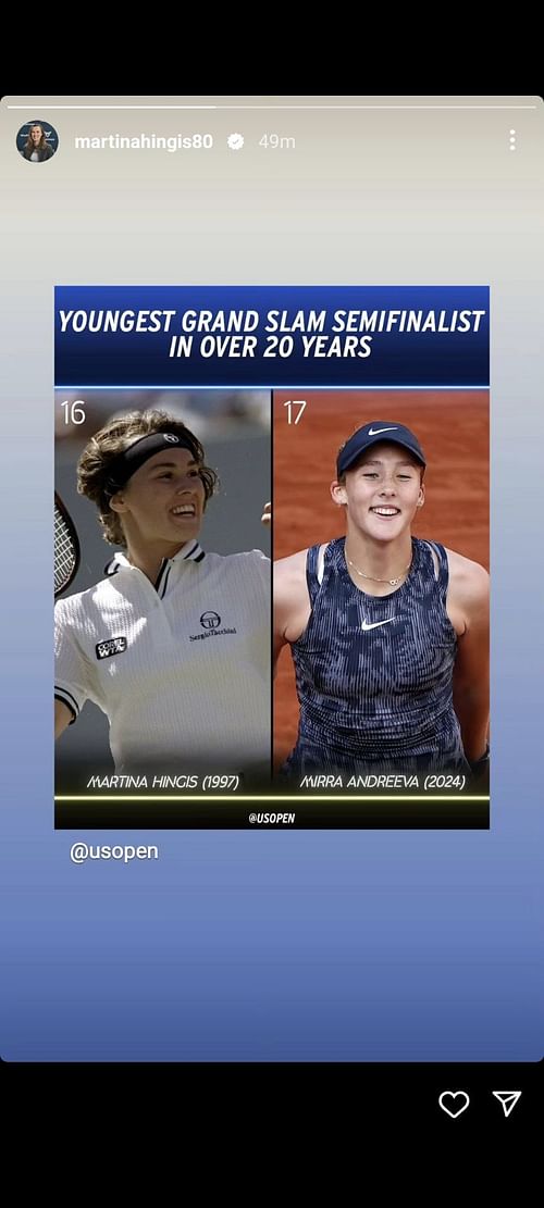 Martina Hingis' Instagram Story acknowledging Mirra Andreeva's win over Aryna Sabalenka in the 2024 French Open quarterfinals