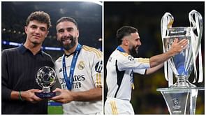 Lando Norris shares the pitch with Real Madrid’s Champions League hero Daniel Carvajal after the final at Wembley