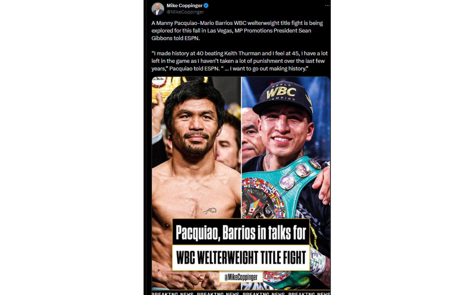 Coppinger&#039;s tweet regarding Pacquiao vs. Barrios [Image courtesy: @MikeCoppinger - X]